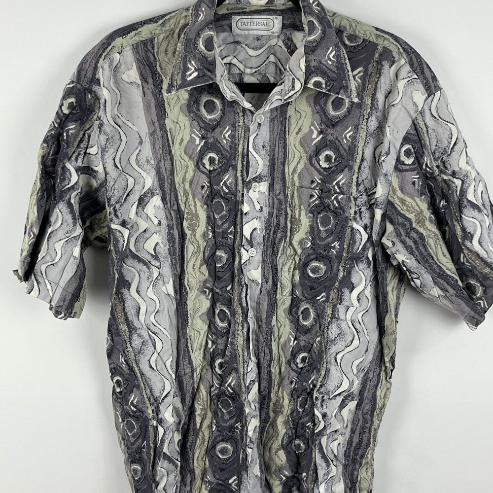 Tattersall Casual Button Down Shirt Size L Gray Short Sleeve Chest Pocket Stretc